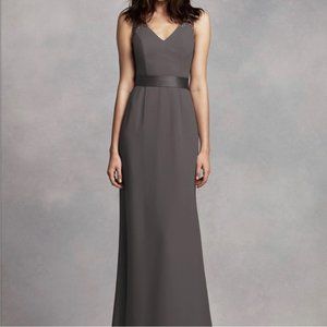 Long V Neck Crepe Gown with Open Back